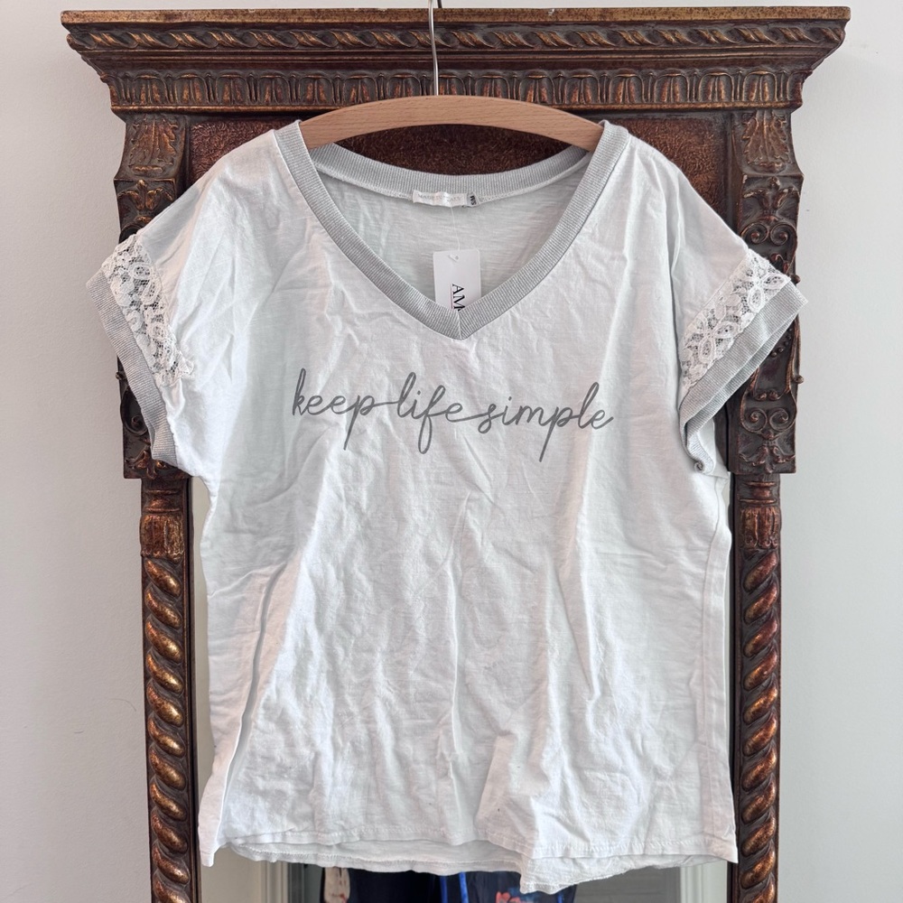 White Linen ‘Keep Life Simple’ Short Sleeve White Doile Top